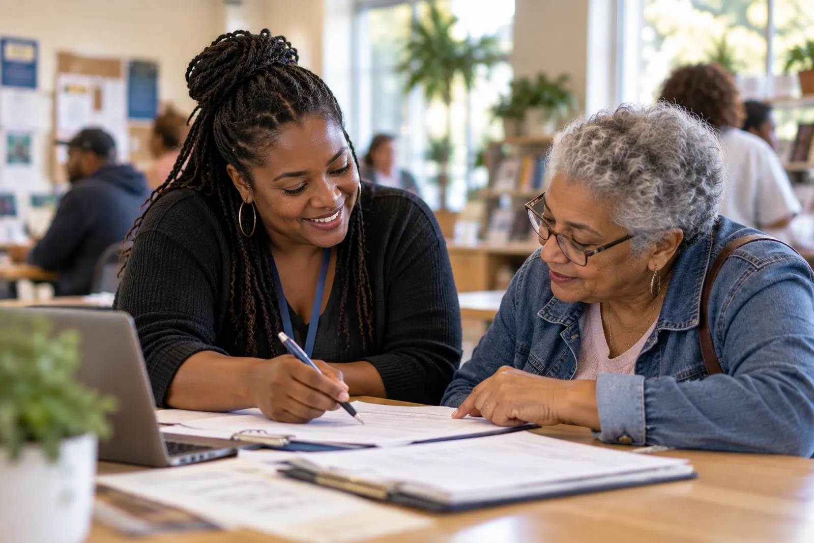 A community volunteer at a neighborhood resource center helping a neighbor fill out a form.